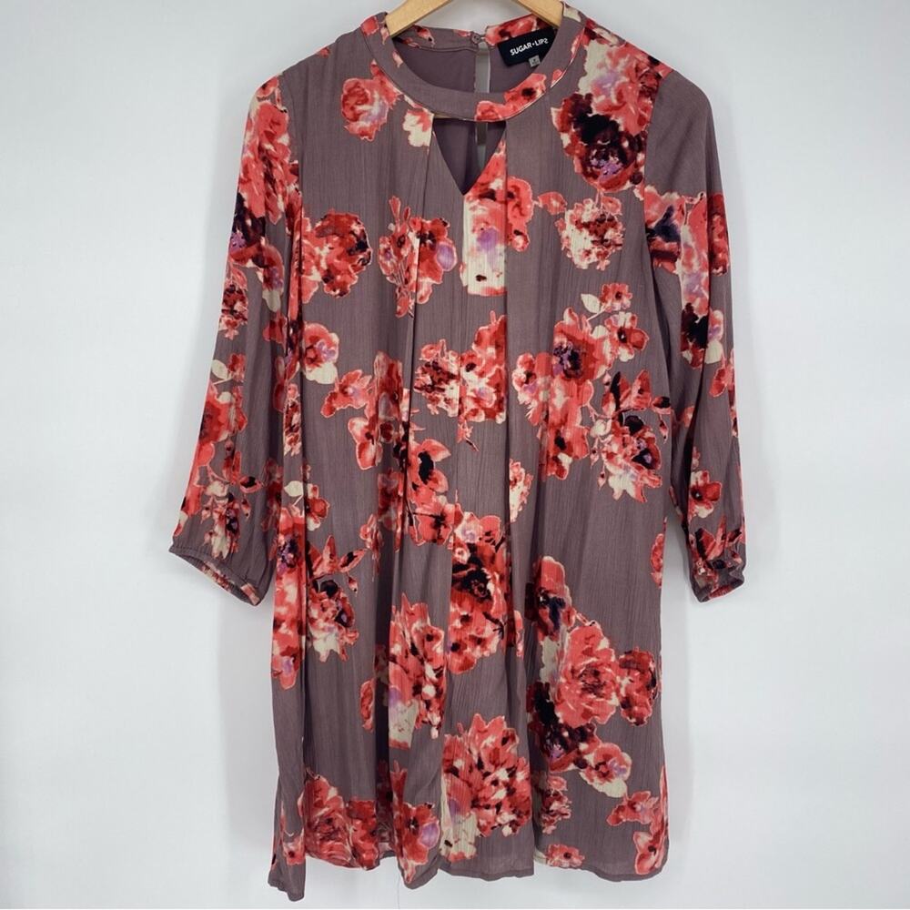 Sugar Lips Mini Swing Dress Tunic Mauve Pink Red Floral Crinkle Gauze Small‎